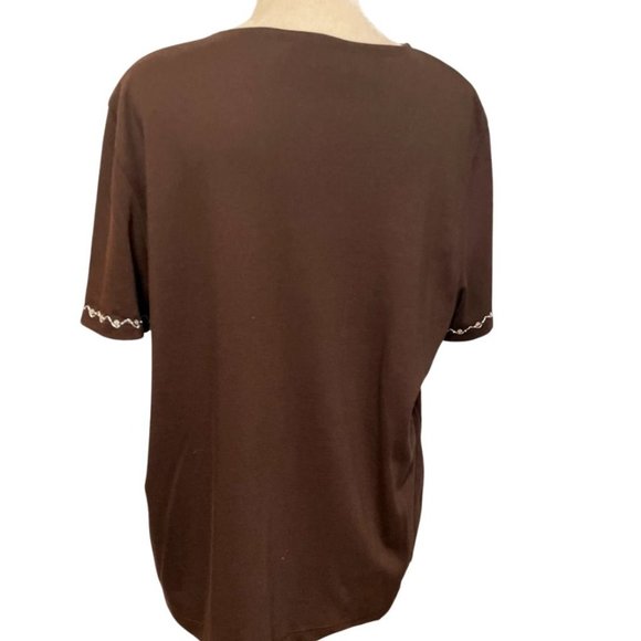 Alfred Dunner Shirt Womens Large Brown Sequin Embellished Crewneck Top Short Sle - Picture 8 of 9